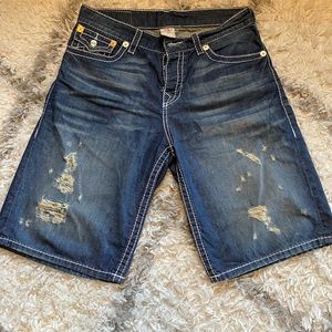 True Religion World Tour destructed denim shorts